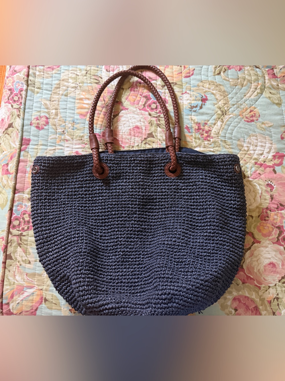Talbots Woven Navy Tote with Brown Braided Handles